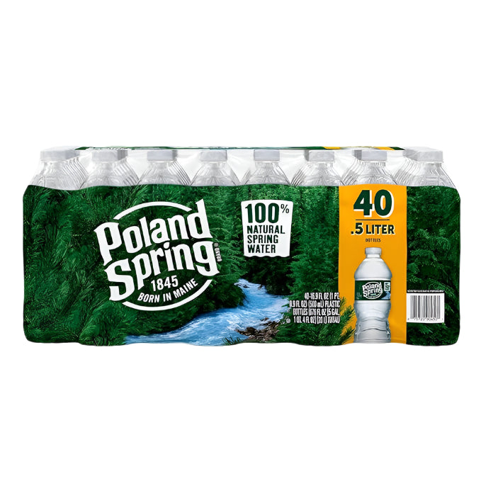 The 40-pack of Poland Spring Water - 16.9 Fl Oz bottles ensures optimal hydration. The packaging features a green design with a river and forest image, highlighting its natural origins, and includes text that states 100% Natural Spring Water and Born in Maine, 1845.